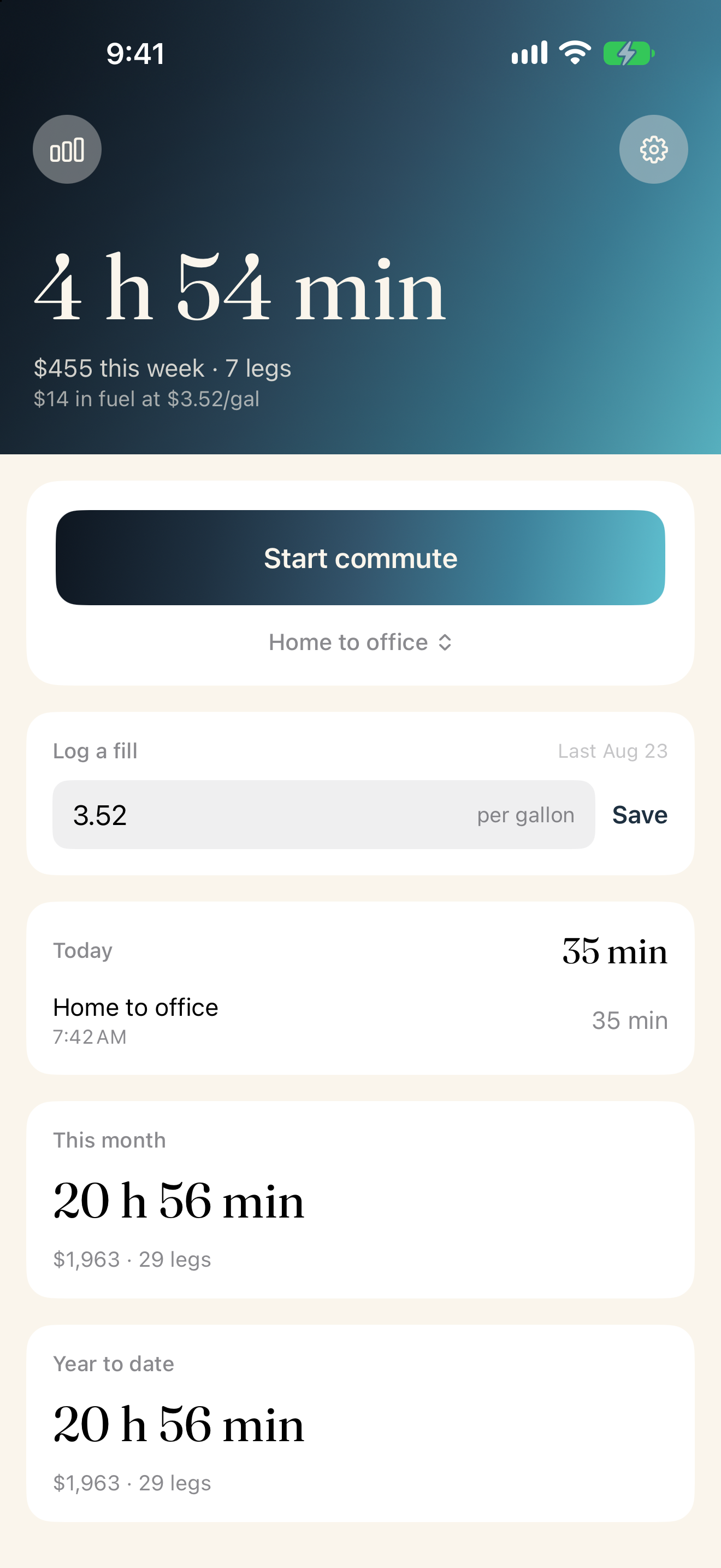 The home screen showing the week in hours