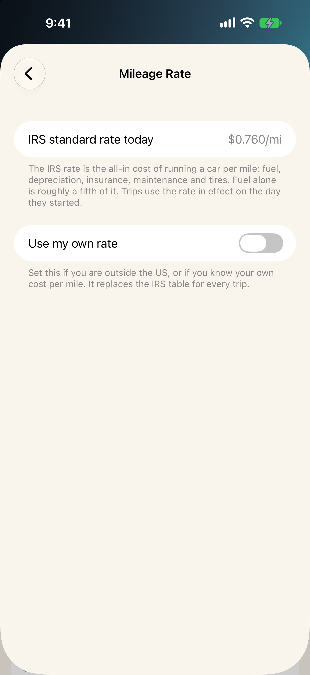 The mileage rate screen explaining what the IRS rate covers